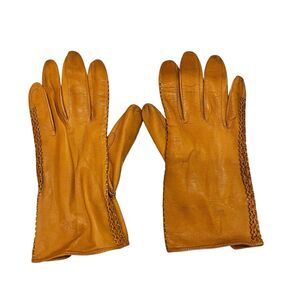 Tan Leather Gloves With Braided Sides Made in Italy Size 7 XS Vintage